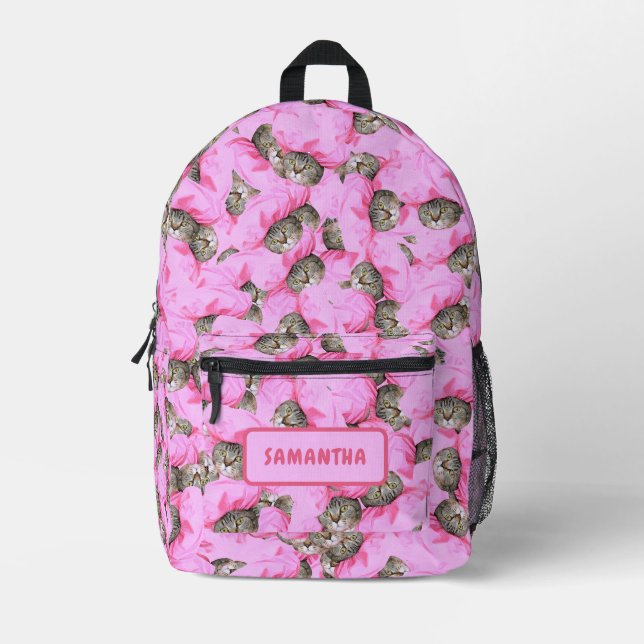 Mochila Impresa Gato rosa divertido personalizado (Anverso)