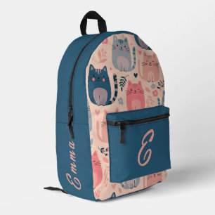 Mochila Impresa Gatos Lindos y Patrón Floral Monograma Personaliza