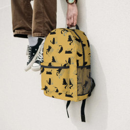 Mochila Impresa Gatos negros sobre mostaza con contornos azules– M