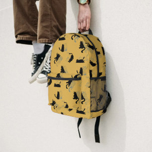 Mochila Impresa Gatos negros sobre mostaza con contornos azules– M