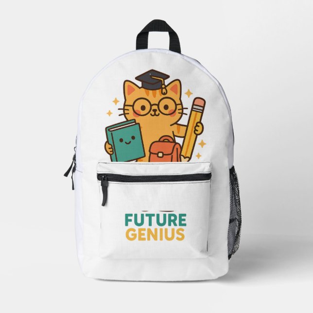 Mochila Impresa Genio futuro - Gato lindo con elementos escolares (Anverso)