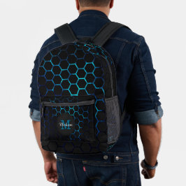 Mochila Impresa Geometría de nenoso azul Aqua Monograma Negro