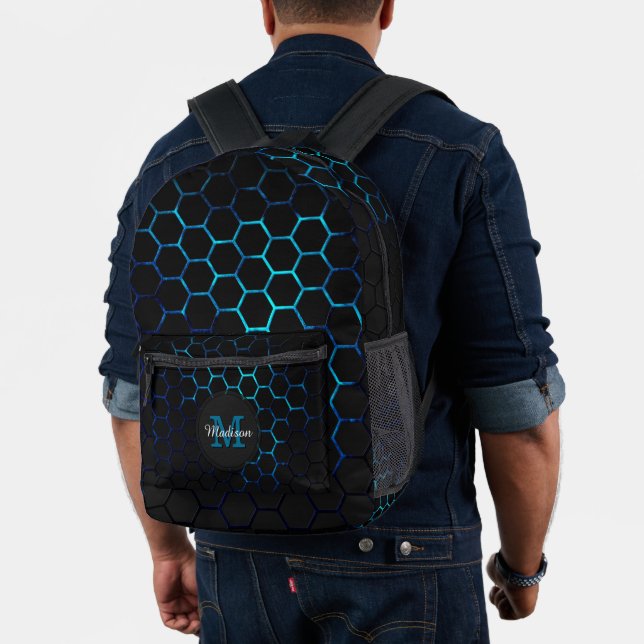 Mochila Impresa Geometría de nenoso azul Aqua Monograma Negro (Insitu (Modelo))