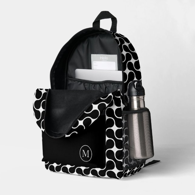 Mochila Impresa Geométrica moderna de monograma blanco y negro (Esquina trasera derecha (abierta))