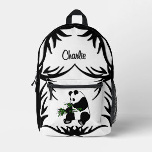 Mochila Impresa Gigante Panda Negro y Blanco Come Bambú Nombre