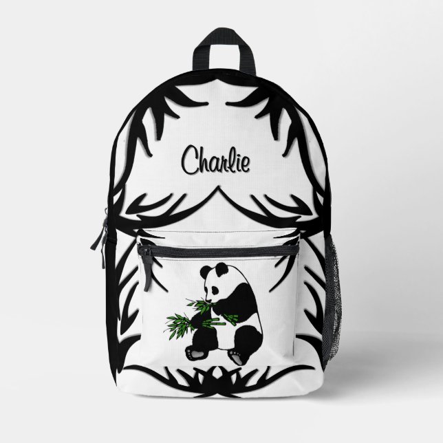 Mochila Impresa Gigante Panda Negro y Blanco Come Bambú Nombre   (Anverso)