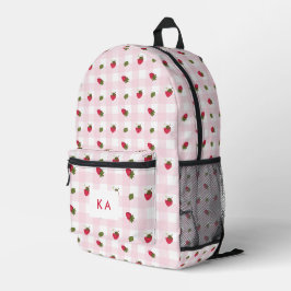 Mochila Impresa Gingham de Fresa Monograma Personalizado Rosa Lind