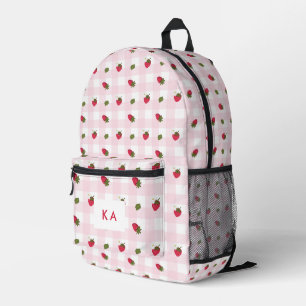 Mochila Impresa Gingham de Fresa Monograma Personalizado Rosa Lind