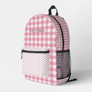 Mochila Impresa Gingham de lunares personalizado blanco rosa 