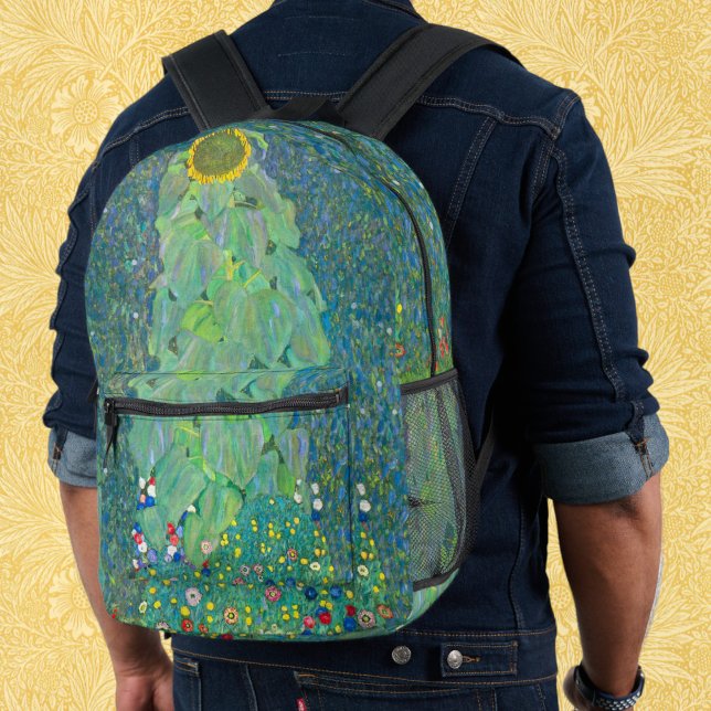 Mochila Impresa Girasol de Klimt, flores antiguas Art Nouveau (Sunflower by Klimt, Vintage Flowers Art Nouveau Printed Backpack)