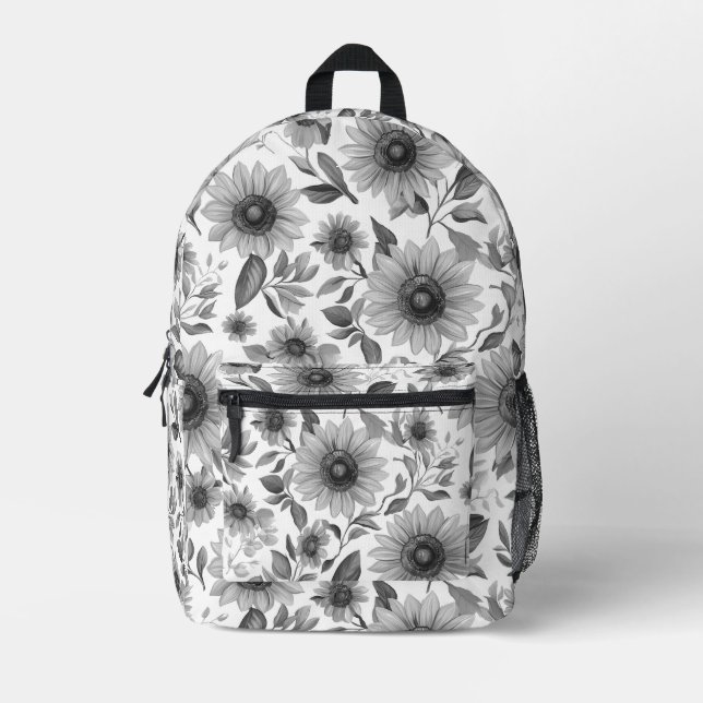 Mochila Impresa Girasoles Florales En Blanco Y Negro (Anverso)