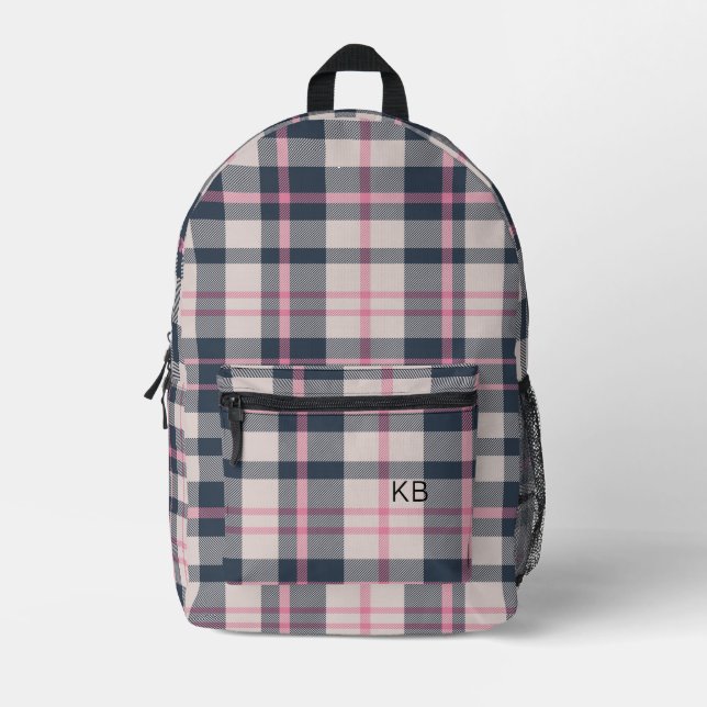 Mochila Impresa Girly Pink Plaid Tartan Check Monograma Iniciales (Anverso)