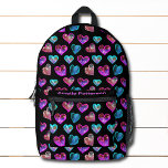 Mochila Impresa Girly Purpurina Corazón colorido moderno personali<br><div class="desc">Las mochilas Girly Purpurina Hearts Colorful Modern Personalized Name presentan un colorido patrón de corazón de amor purpurina en turquesa, azul, rosa, melocotón y morado. Añade tu nombre a personalizado. Haz un regalo fabuloso para los chicas. Perfecto para volver a la escuela, deportes, gimnasia, viajes y más. Diseñado por ©2023...</div>