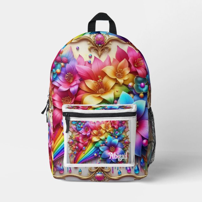 Mochila Impresa Girly Rainbow Flowers with Glitter Drips Backpack (Anverso)