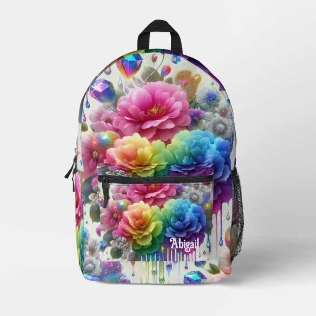 Mochila Impresa Girly Rainbow Flowers with Glitter Drips Backpack (Anverso)