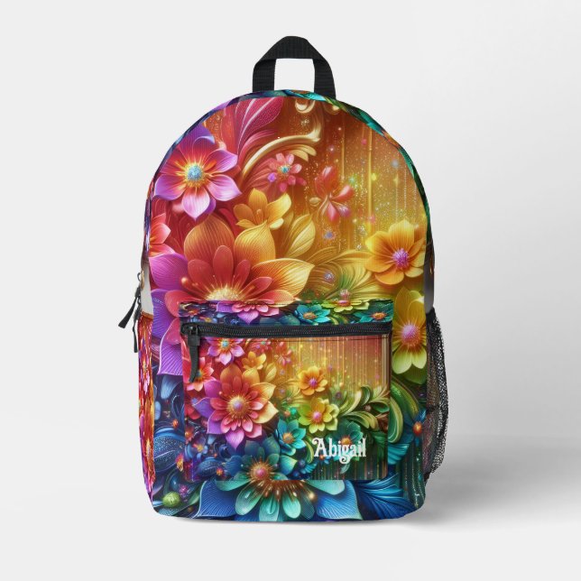 Mochila Impresa Girly Rainbow Flowers with Glitter Drips Backpack (Anverso)