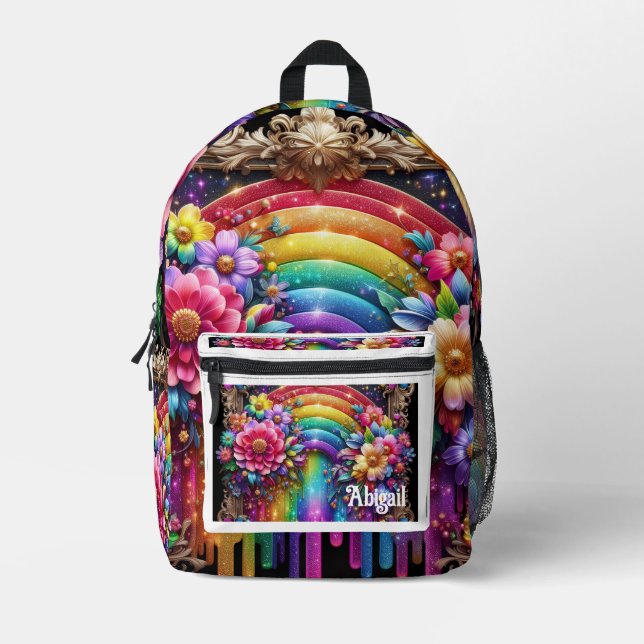 Mochila Impresa Girly Rainbow Flowers with Glitter Drips Backpack (Anverso)