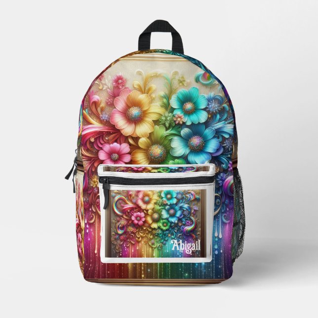 Mochila Impresa Girly Rainbow Flowers with Glitter Drips Backpack (Anverso)