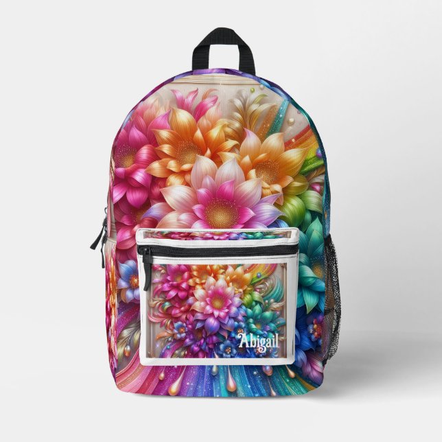 Mochila Impresa Girly Rainbow Flowers with Glitter Drips Backpack (Anverso)