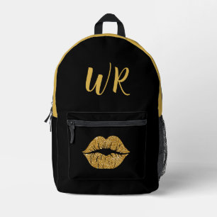 Mochila Impresa Glam Gold Purpurina Lips en Black Initials