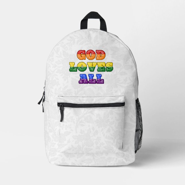Mochila Impresa "God Loves All" Gay/LGBTQIA+/Queer Christian Pride (Anverso)