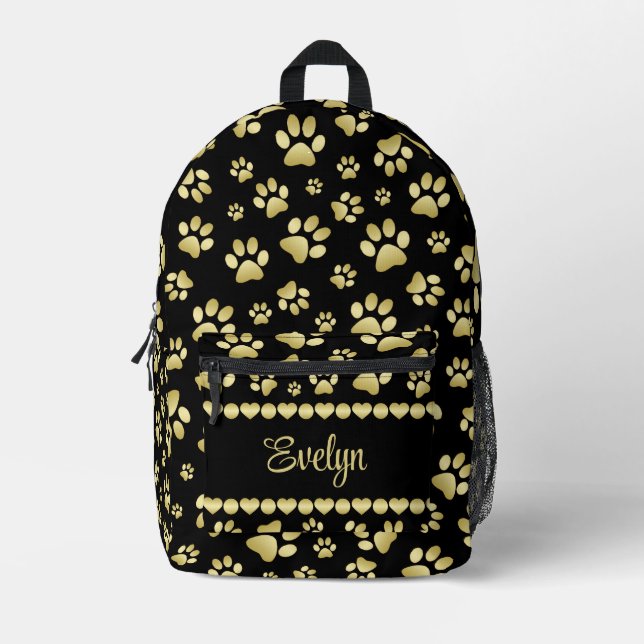Mochila Impresa Golden Paw Prints on Black with Custom Name (Anverso)