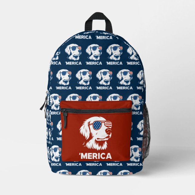 Mochila Impresa Golden Retriever 4 De Julio Merica (Anverso)