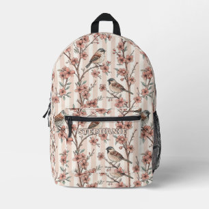 Mochila Impresa Gorrión asiático Flor de Cerezo Rayas de Melocotón