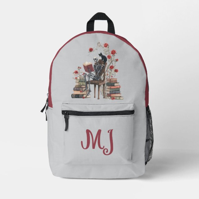 Mochila Impresa Gótico Scholar leyendo libro y gato negro (Anverso)