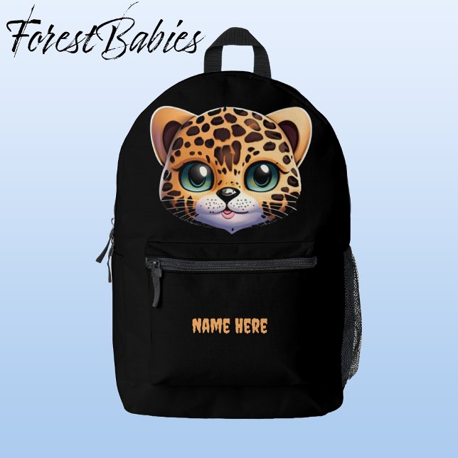 Mochila Impresa 🐆 gráfico de Personalizado de Safari de Gato de L (Leopard, Black Customizable ForestBabies Backpack - Front)