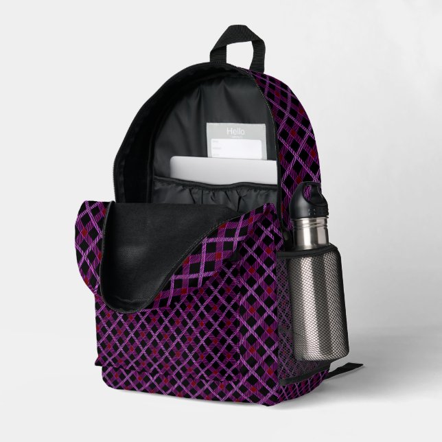 Mochila Impresa Grapa diagonal púrpura con lavanda y ciruela (Esquina trasera derecha (abierta))