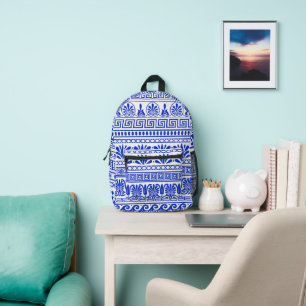 Mochila Impresa Greca, Patrón Mediterráneo, Azul
