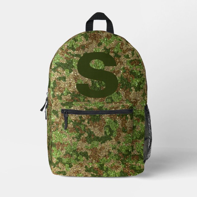Mochila Impresa Green Brown Camouflage Glitter Camo Monogram Name (Anverso)