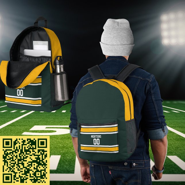 Mochila Impresa Green Gold White Sports Strike Nombre del equipo d (Green Gold White Sports Striped Jersey Team Name Printed Backpack)