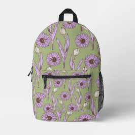 Mochila Impresa Green Purple Retro Y2K Funky Hippie Flower Pattern