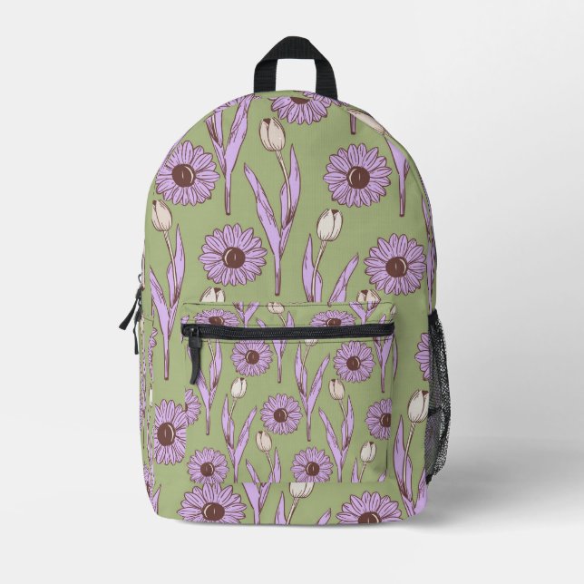 Mochila Impresa Green Purple Retro Y2K Funky Hippie Flower Pattern (Anverso)