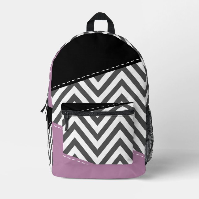 Mochila Impresa Gris Zigzag, Gris Chevron, Zigzag Pattern, Púrpura (Anverso)
