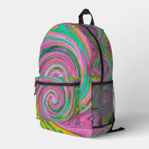 Mochila Impresa Groovy Abstracto Retro Remolino Rosa y Verde Menta