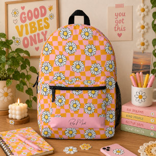 Mochila Impresa Groovy Daisy Floral Cuadro, Y2K 90s