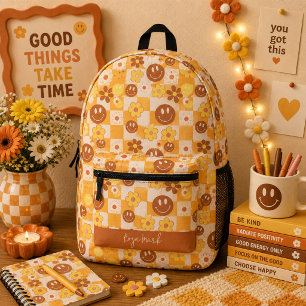 Mochila Impresa Groovy Daisy Floral Cuadros, Y2K 90s