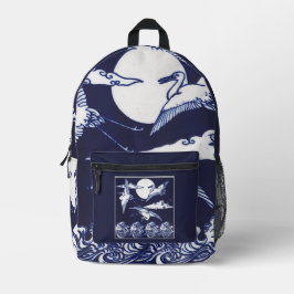 Mochila Impresa Grullas blancas vintage sobre azul marino oscuro