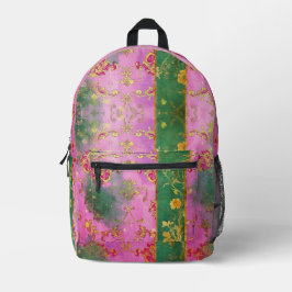 Mochila Impresa Grunge verde de damasco verde rosa salvaje - Mochi