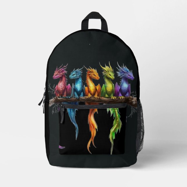 Mochila Impresa Grupo de arcoíris de dragones bebés sobre negro (Anverso)