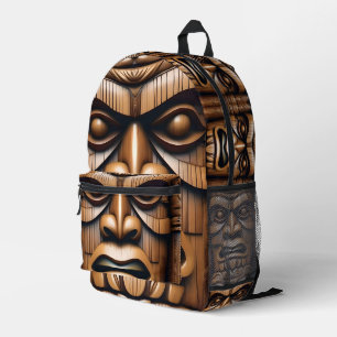 Mochila Impresa Guardianes Antiguos: Arte de Tiki de Madera