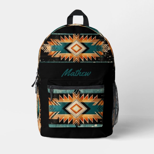 Mochila Impresa Guay Aztec Nativo Americano - Azul Naranja Negro (Anverso)