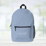 Mochila Impresa Guión personalizado azul moderno<br><div class="desc">Mochila azul personalizada con su nombre de monograma o iniciales en un guión blanco elegante con toques.</div>