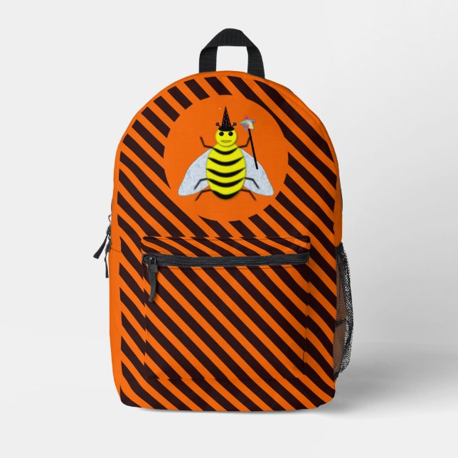 Mochila Impresa Halloween Magic Bee Witch Naranja y Black Stripes (Anverso)