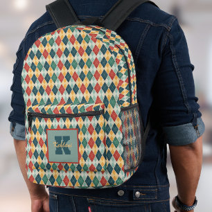 Mochila Impresa Harlequin Retro Red Gold Green Monograma Argyle
