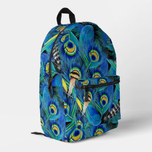 Mochila Impresa Hermosas plumas de pavo real azul brillan