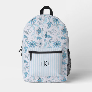 Mochila Impresa Hermoso floral azul y monograma a rayas azules